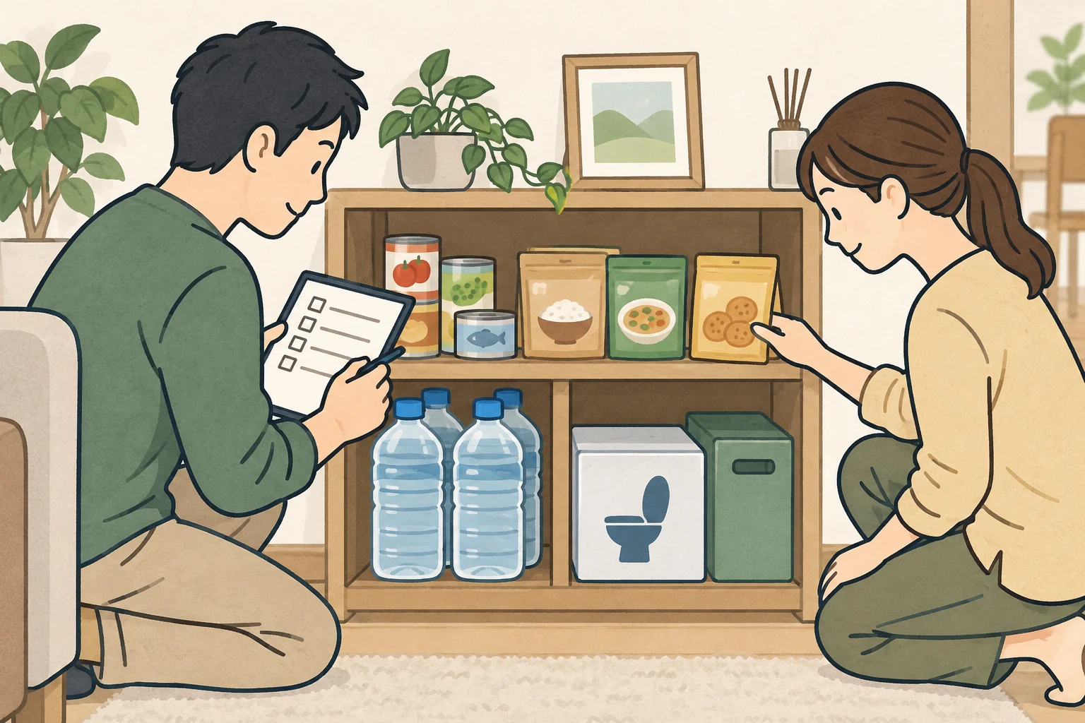 備蓄棚の水や食品を家族で点検するイメージ