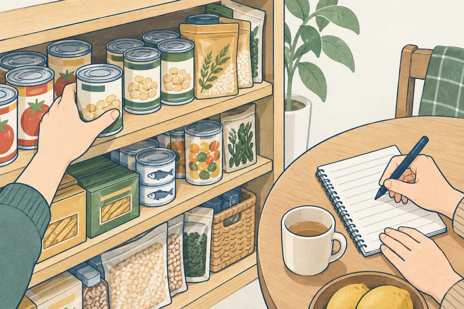 期限の近い食品を手前に置き、使った分を買い物メモへ記入するイラスト