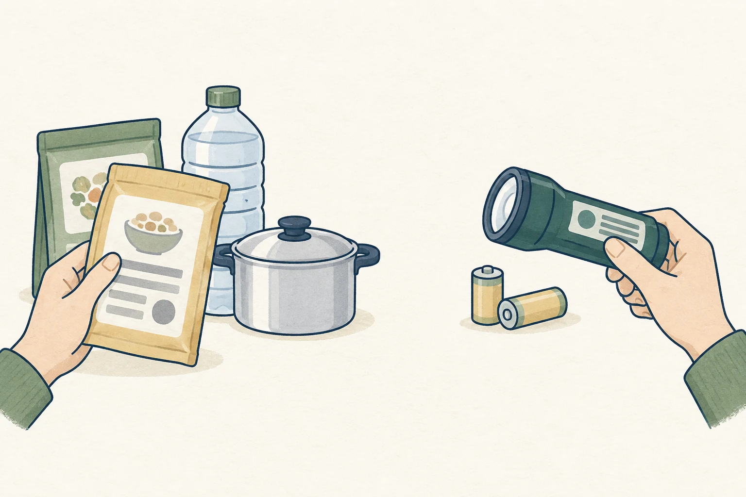 食品と調理用の水、消灯したライトと対応する電池を組み合わせて点検するイラスト