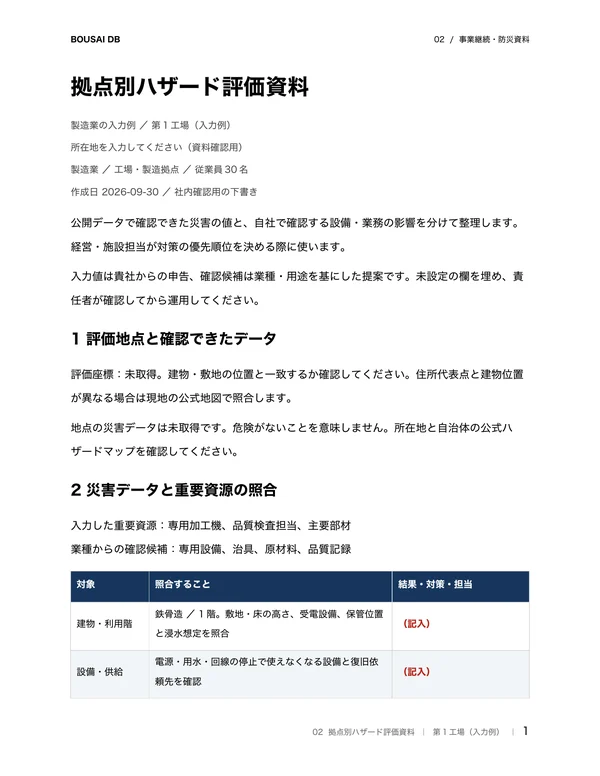 拠点別ハザード評価資料のWord出力例
