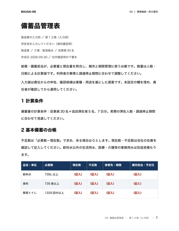 備蓄品管理表のWord出力例