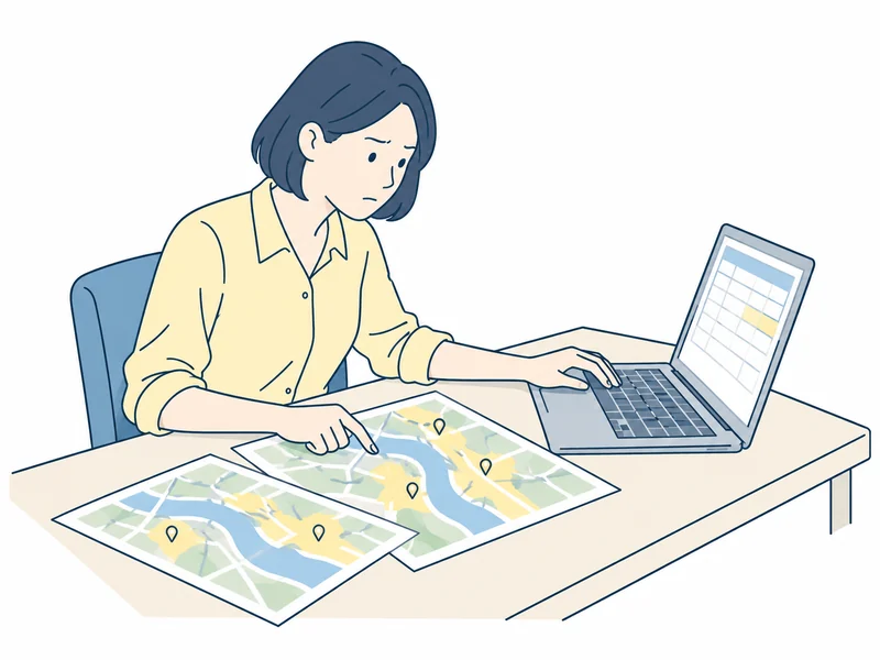 拠点の地図を見ながら表計算へ手入力する女性担当者