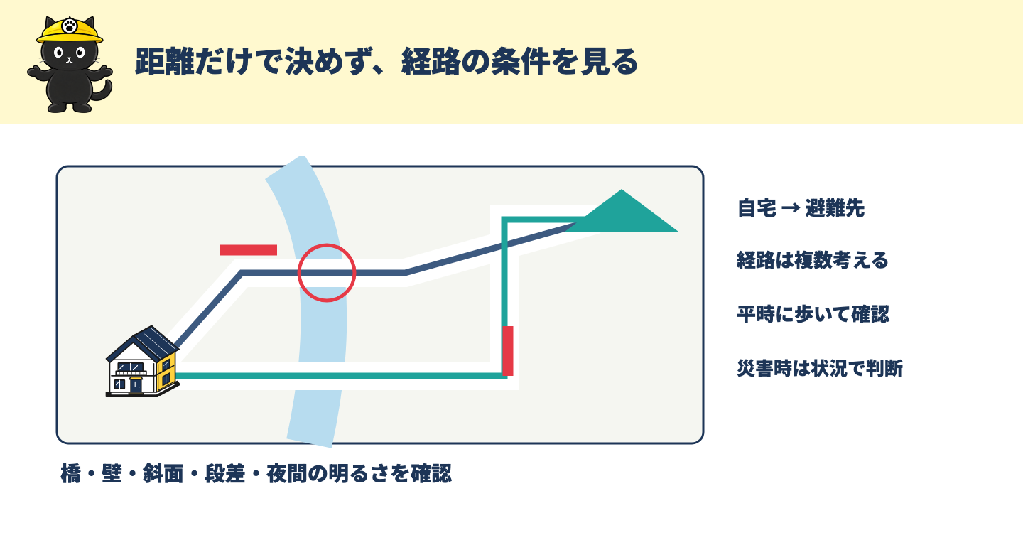自宅から避難先までの二つの経路を、壁や橋などの確認点とともに示した模式図